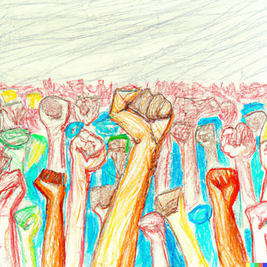 a color pencil drawing of a croud of people rising their fist
